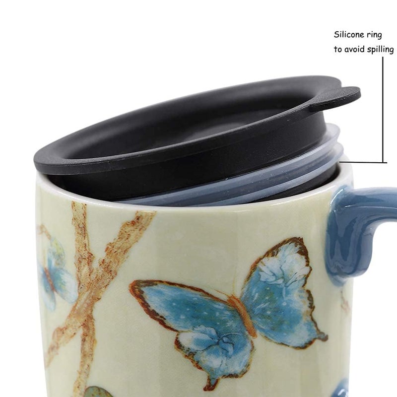 Topadorn Coffee Ceramic Mug Porcelain Latte Tea Cup With Lid 17oz,Novelty Coffee Mugs for Office & Home Blue - Image 2